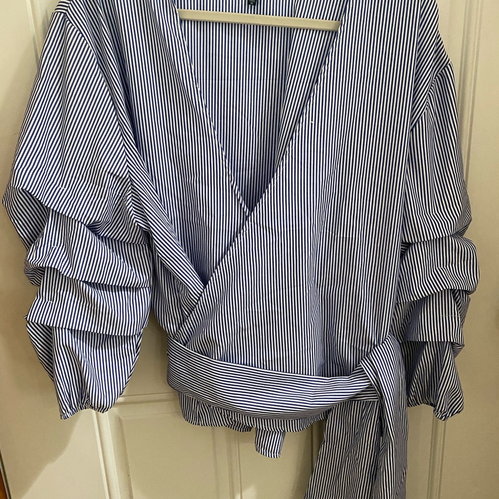 Blue striped wrap blouse